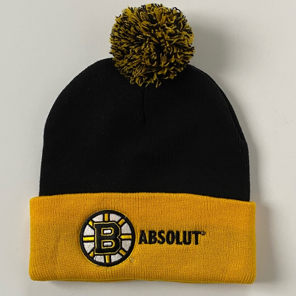 Boston Bruins Hat Absolut Vodka Beanie Winter Pom Pom Black Yellow Hockey NHL Nw